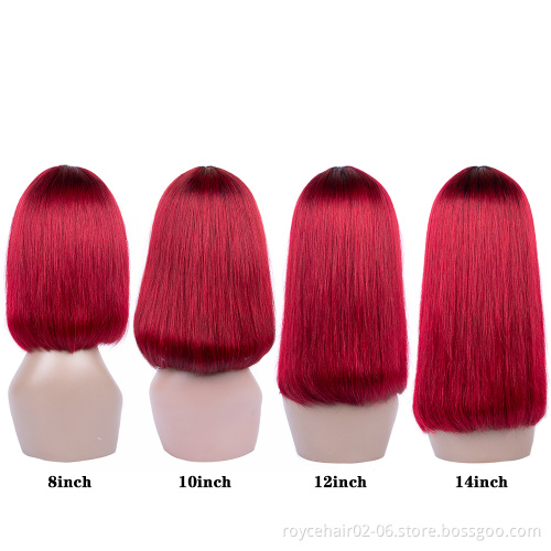 10a 12 Inch 150% Density 99J Burgundy Red Color Short Straight Blunt 100 Percent Indian Human Hair Bob Wig